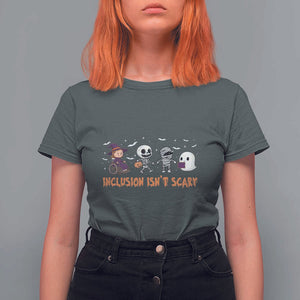 Halloween Teacher T Shirt For Women Inclusion Isn't Scary Cute Skeleton Ghost Witch TS11 Dark Heather Print Your Wear