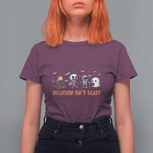 Halloween Teacher T Shirt For Women Inclusion Isn't Scary Cute Skeleton Ghost Witch TS11 Maroon Print Your Wear