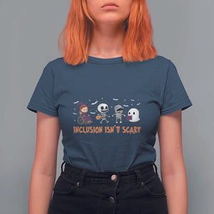 Halloween Teacher T Shirt For Women Inclusion Isn't Scary Cute Skeleton Ghost Witch TS11 Navy Print Your Wear