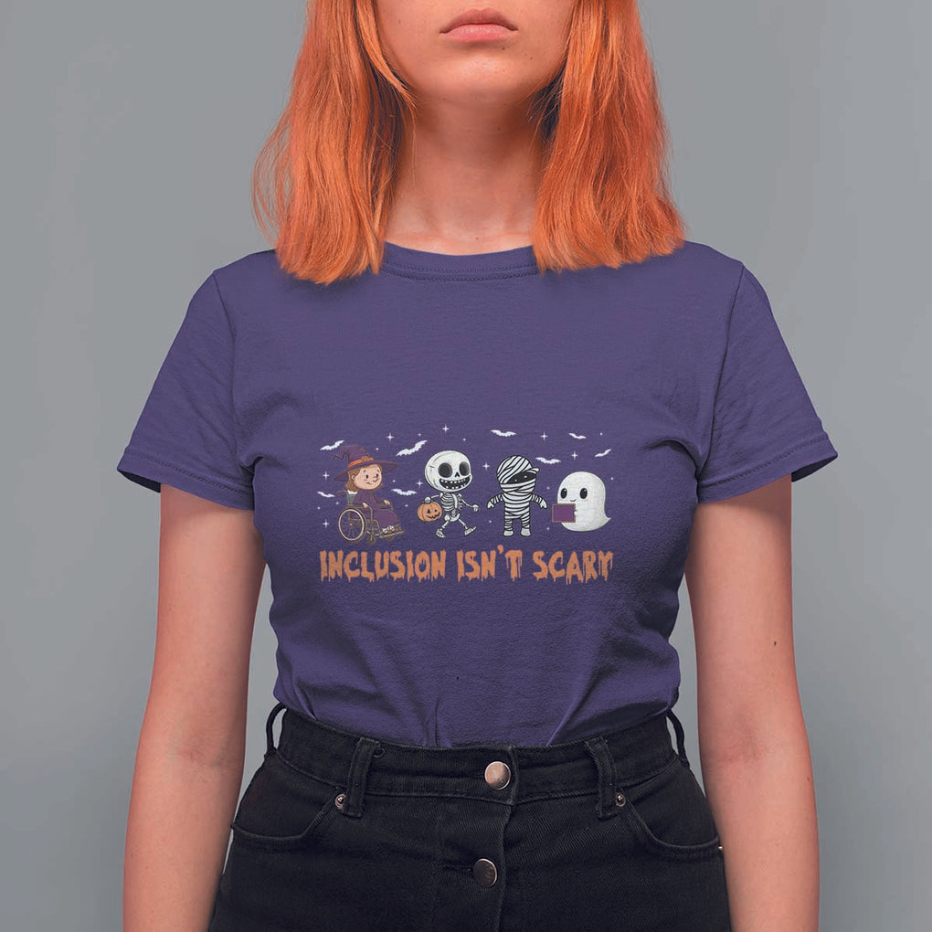 Halloween Teacher T Shirt For Women Inclusion Isn't Scary Cute Skeleton Ghost Witch TS11 Purple Print Your Wear