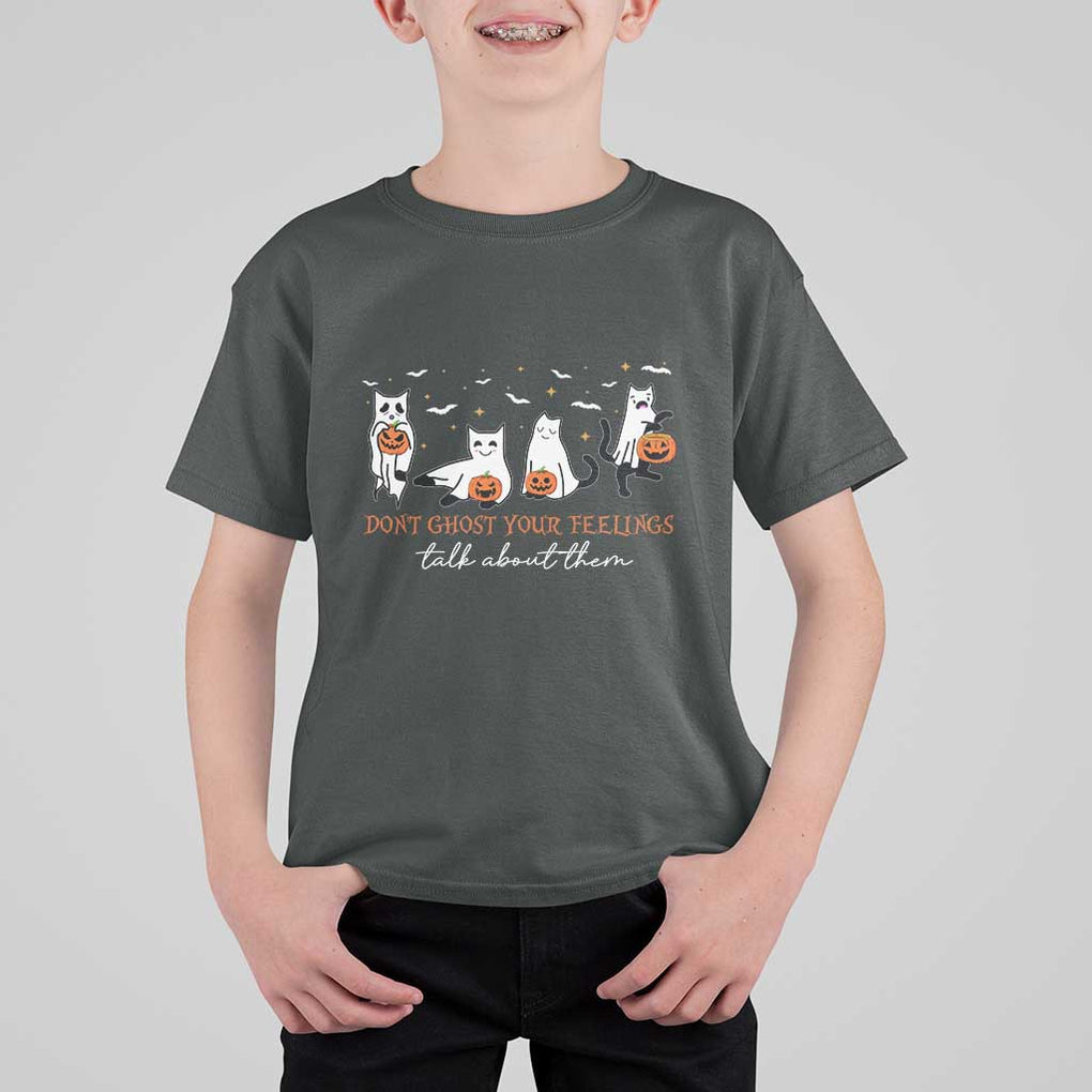Halloween School Counselor T Shirt For Kid Don't Ghost Your Feelings Talk About Them Ghost Cats TS11 Dark Heather Print Your Wear