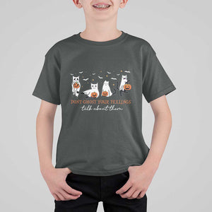 Halloween School Counselor T Shirt For Kid Don't Ghost Your Feelings Talk About Them Ghost Cats TS11 Dark Heather Print Your Wear