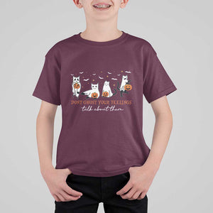 Halloween School Counselor T Shirt For Kid Don't Ghost Your Feelings Talk About Them Ghost Cats TS11 Maroon Print Your Wear