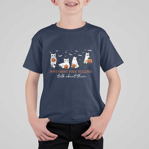 Halloween School Counselor T Shirt For Kid Don't Ghost Your Feelings Talk About Them Ghost Cats TS11 Navy Print Your Wear