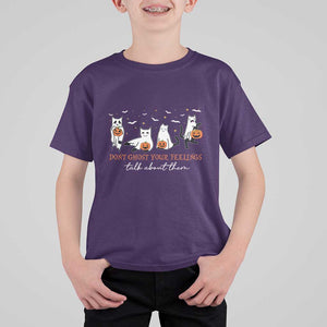 Halloween School Counselor T Shirt For Kid Don't Ghost Your Feelings Talk About Them Ghost Cats TS11 Purple Print Your Wear