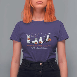 Halloween School Counselor T Shirt For Women Don't Ghost Your Feelings Talk About Them Ghost Cats TS11 Purple Print Your Wear