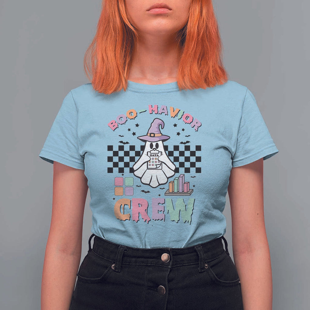 Funny Halloween Behavior Analyst T Shirt For Women Boo-Havior Retro Ghost Witch ABA RBT TS11 Light Blue Print Your Wear