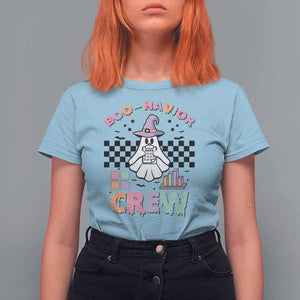 Funny Halloween Behavior Analyst T Shirt For Women Boo-Havior Retro Ghost Witch ABA RBT TS11 Light Blue Print Your Wear
