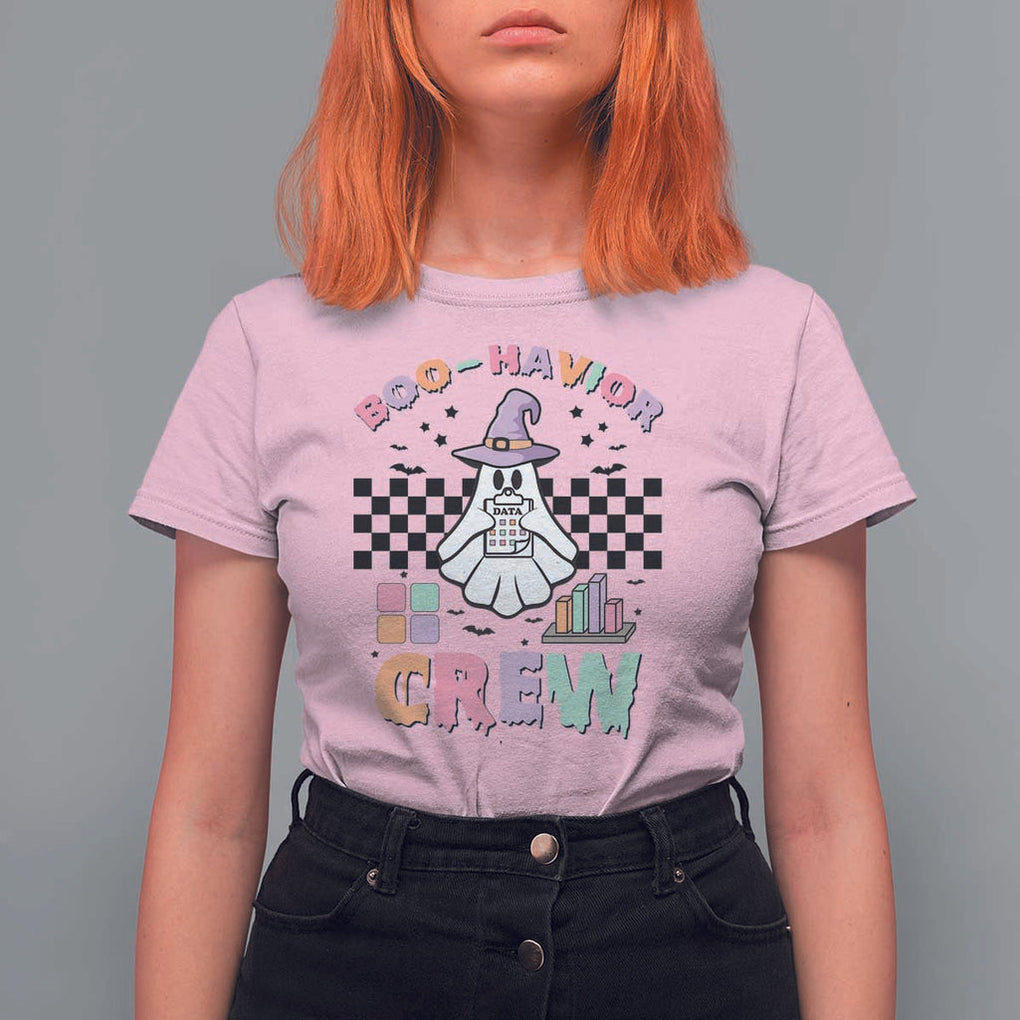Funny Halloween Behavior Analyst T Shirt For Women Boo-Havior Retro Ghost Witch ABA RBT TS11 Light Pink Print Your Wear