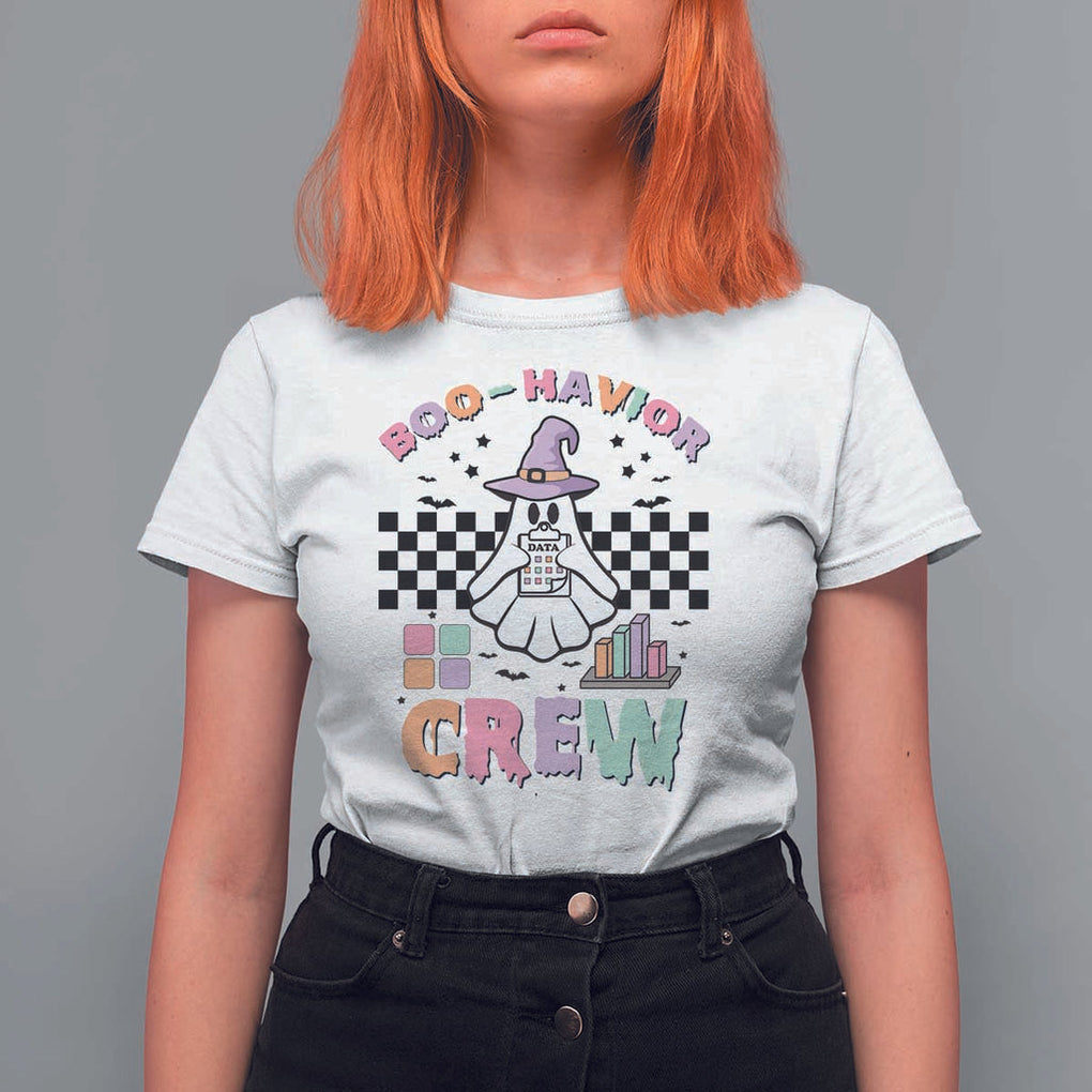 Funny Halloween Behavior Analyst T Shirt For Women Boo-Havior Retro Ghost Witch ABA RBT TS11 White Print Your Wear