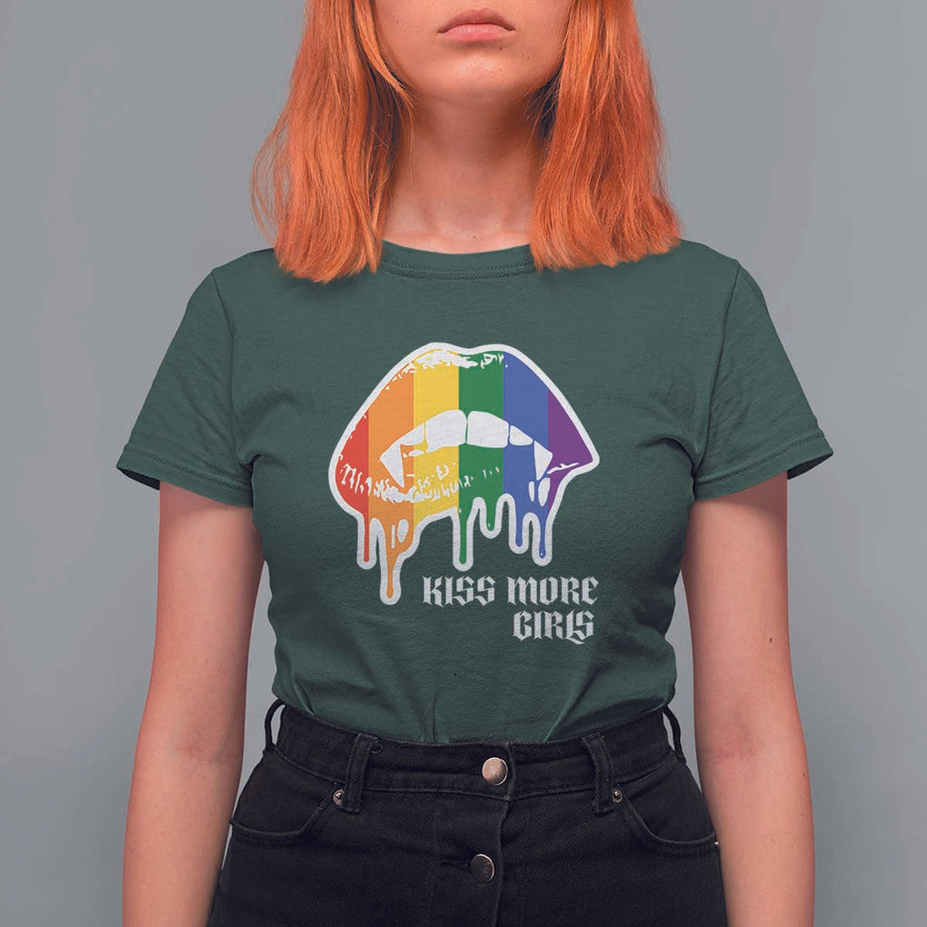LGBT Lesbian Halloween T Shirt For Women Kiss More Girls Rainbow Vampire Lips TS11 Dark Forest Green Print Your Wear