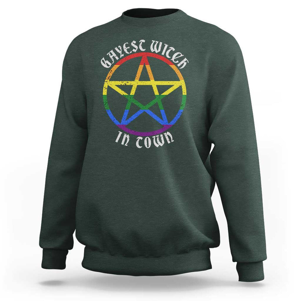 Halloween LGBT Sweatshirt Gayest Witch In Town Rainbow Pentagram Star TS11 Dark Forest Green Print Your Wear