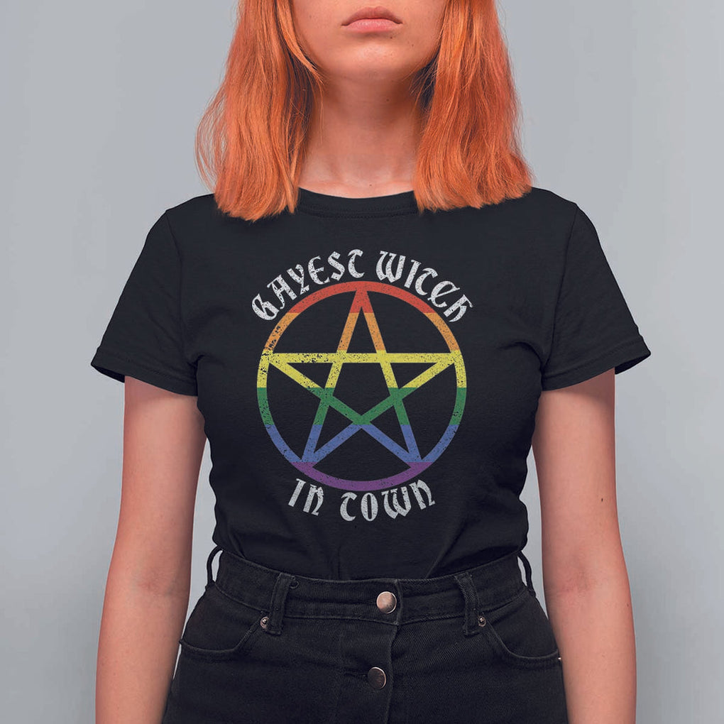 Halloween LGBT T Shirt For Women Gayest Witch In Town Rainbow Pentagram Star TS11 Black Print Your Wear
