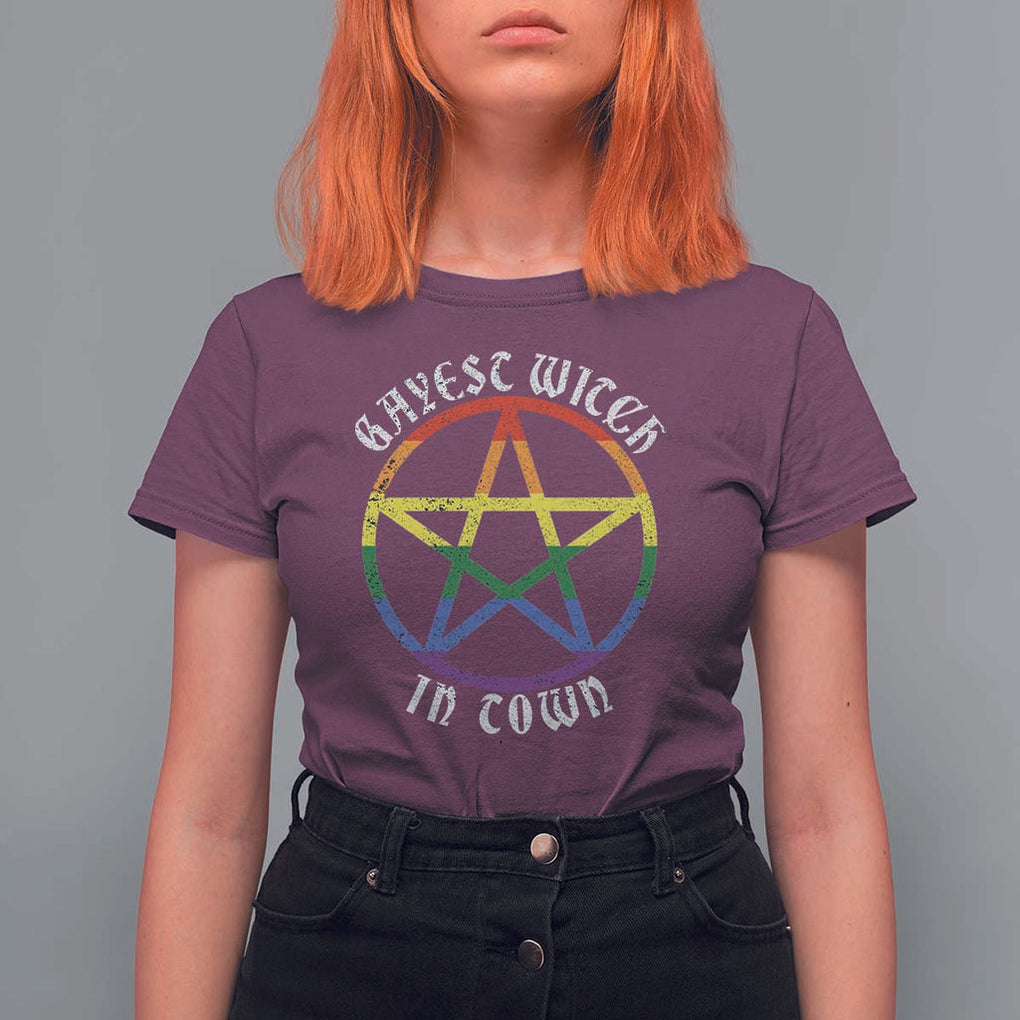Halloween LGBT T Shirt For Women Gayest Witch In Town Rainbow Pentagram Star TS11 Maroon Print Your Wear