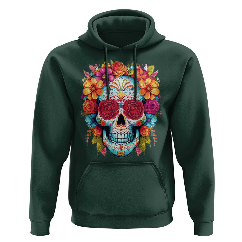 Day Of The Dead Hoodie Sugar Skull Dia De Los Muertos Halloween Rose Flowers TS11 Dark Forest Green Print Your Wear