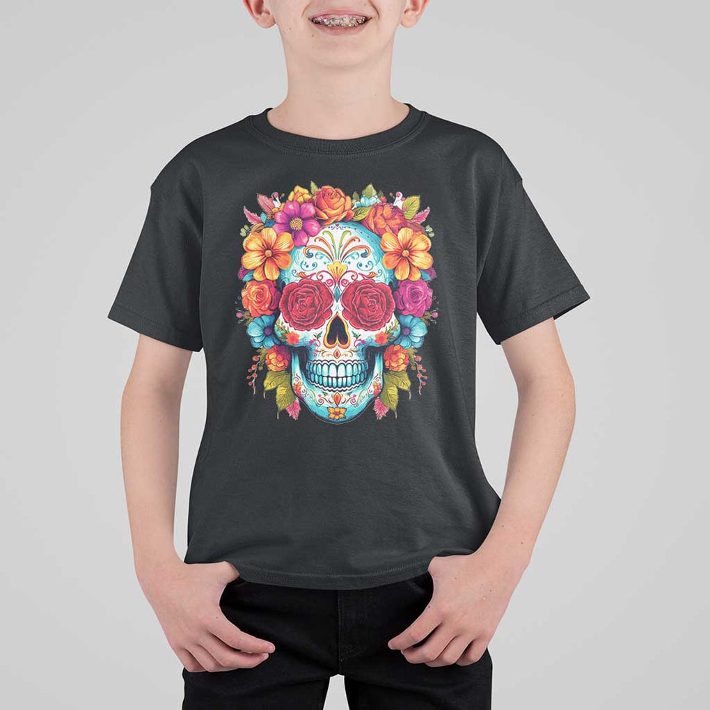 Day Of The Dead T Shirt For Kid Sugar Skull Dia De Los Muertos Halloween Rose Flowers TS11 Black Print Your Wear