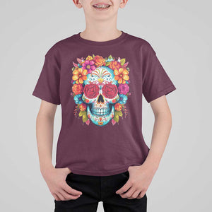 Day Of The Dead T Shirt For Kid Sugar Skull Dia De Los Muertos Halloween Rose Flowers TS11 Maroon Print Your Wear