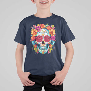 Day Of The Dead T Shirt For Kid Sugar Skull Dia De Los Muertos Halloween Rose Flowers TS11 Navy Print Your Wear