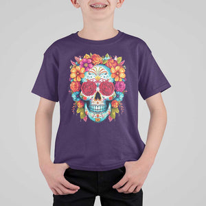 Day Of The Dead T Shirt For Kid Sugar Skull Dia De Los Muertos Halloween Rose Flowers TS11 Purple Print Your Wear