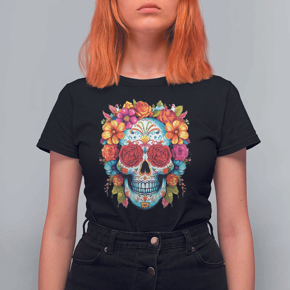 Day Of The Dead T Shirt For Women Sugar Skull Dia De Los Muertos Halloween Rose Flowers TS11 Black Print Your Wear