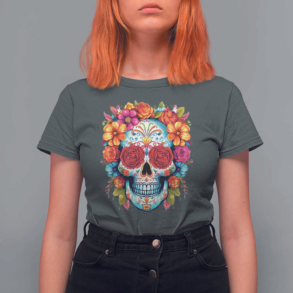Day Of The Dead T Shirt For Women Sugar Skull Dia De Los Muertos Halloween Rose Flowers TS11 Dark Heather Print Your Wear