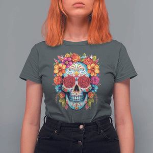 Day Of The Dead T Shirt For Women Sugar Skull Dia De Los Muertos Halloween Rose Flowers TS11 Dark Heather Print Your Wear