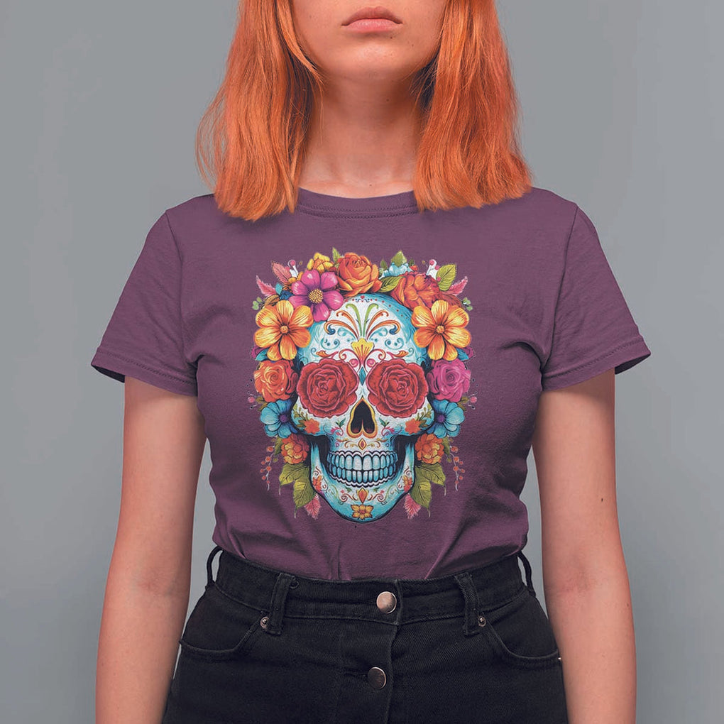 Day Of The Dead T Shirt For Women Sugar Skull Dia De Los Muertos Halloween Rose Flowers TS11 Maroon Print Your Wear