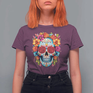 Day Of The Dead T Shirt For Women Sugar Skull Dia De Los Muertos Halloween Rose Flowers TS11 Maroon Print Your Wear