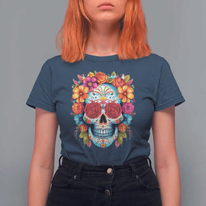 Day Of The Dead T Shirt For Women Sugar Skull Dia De Los Muertos Halloween Rose Flowers TS11 Navy Print Your Wear