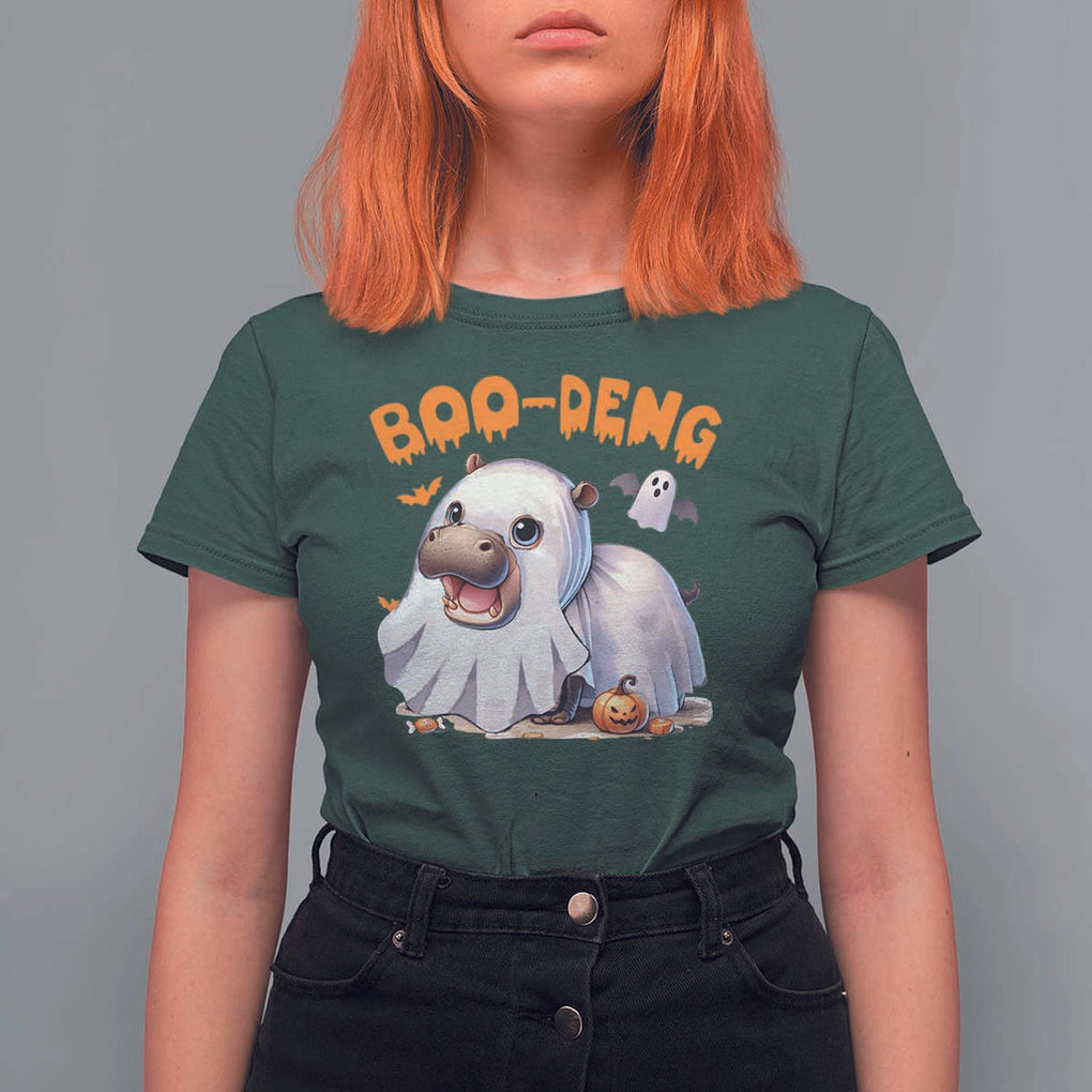 Funny Moo Deng T Shirt For Women Boo Deng Cute Hippo Zoo Meme Baby Pygmy Halloween TS11 Dark Forest Green Print Your Wear