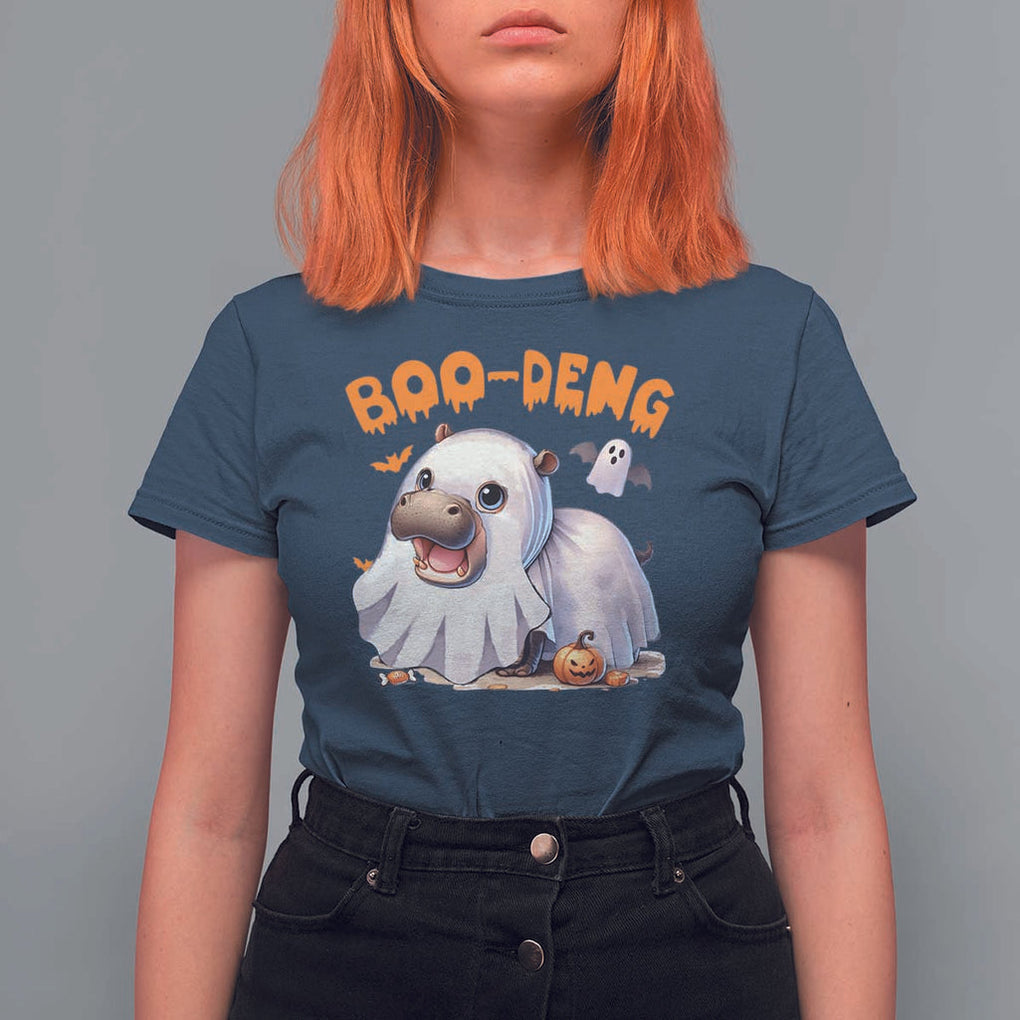 Funny Moo Deng T Shirt For Women Boo Deng Cute Hippo Zoo Meme Baby Pygmy Halloween TS11 Navy Print Your Wear