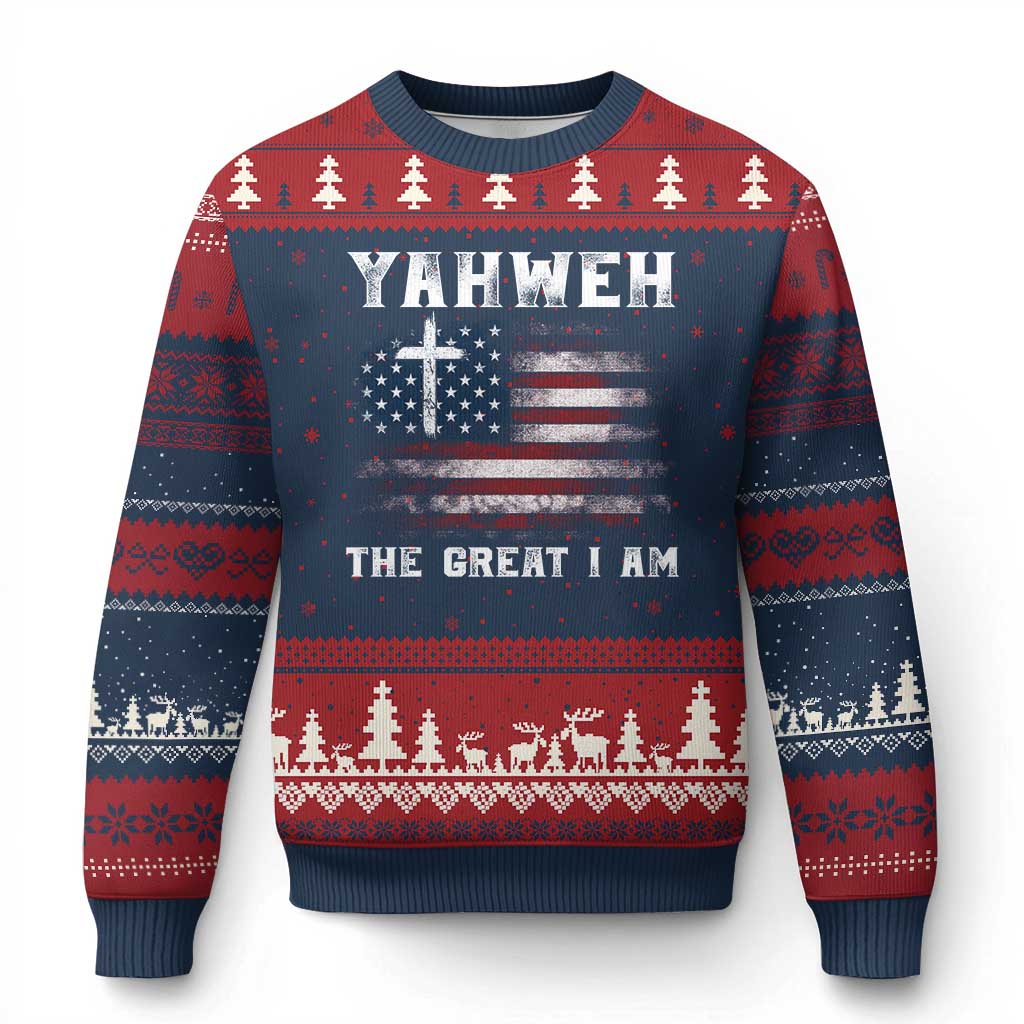 Yahweh The Great I Am Christian Faith Ugly Christmas Sweater Vintage American Flag TS11 Navy Red Print Your Wear