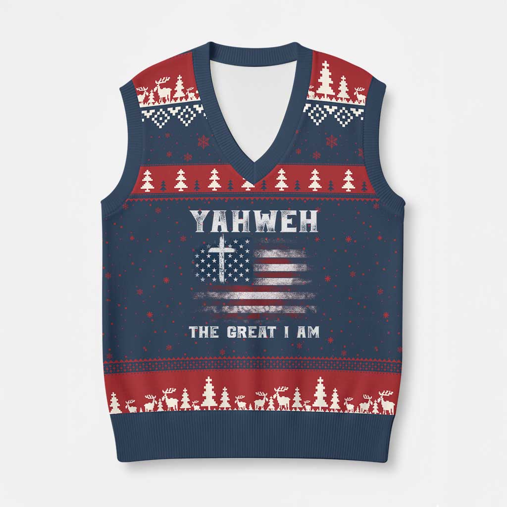 Yahweh The Great I Am Christian Faith V-Neck Knit Sweater Vest Vintage American Flag TS11 Navy Red Print Your Wear