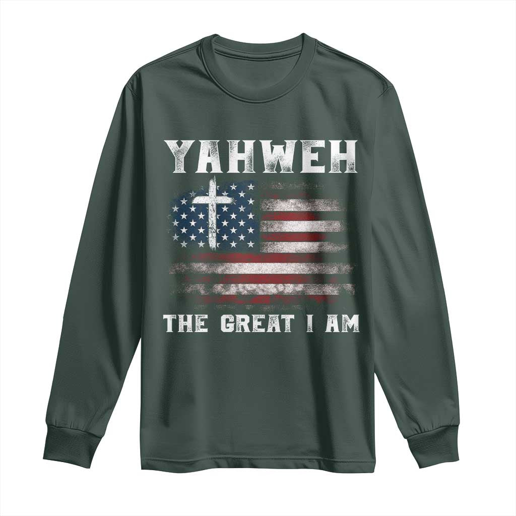 Yahweh The Great I Am Christian Faith Long Sleeve Shirt Vintage American Flag TS11 Dark Forest Green Print Your Wear