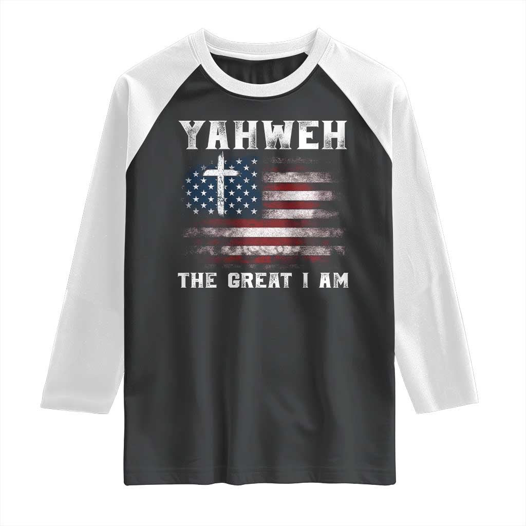 Yahweh The Great I Am Christian Faith Raglan Shirt Vintage American Flag TS11 Black White Print Your Wear