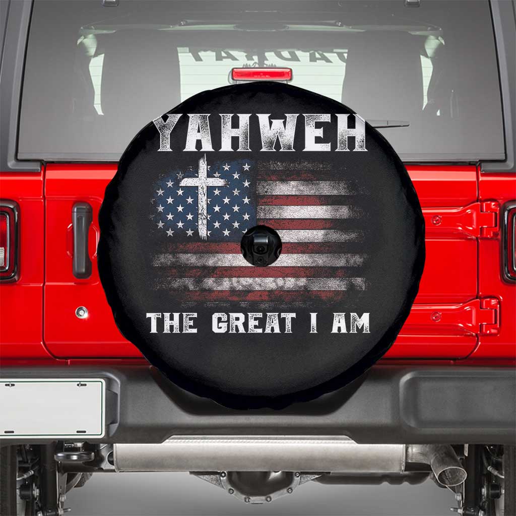 Yahweh The Great I Am Christian Faith Spare Tire Cover Vintage American Flag TS11 Black Print Your Wear