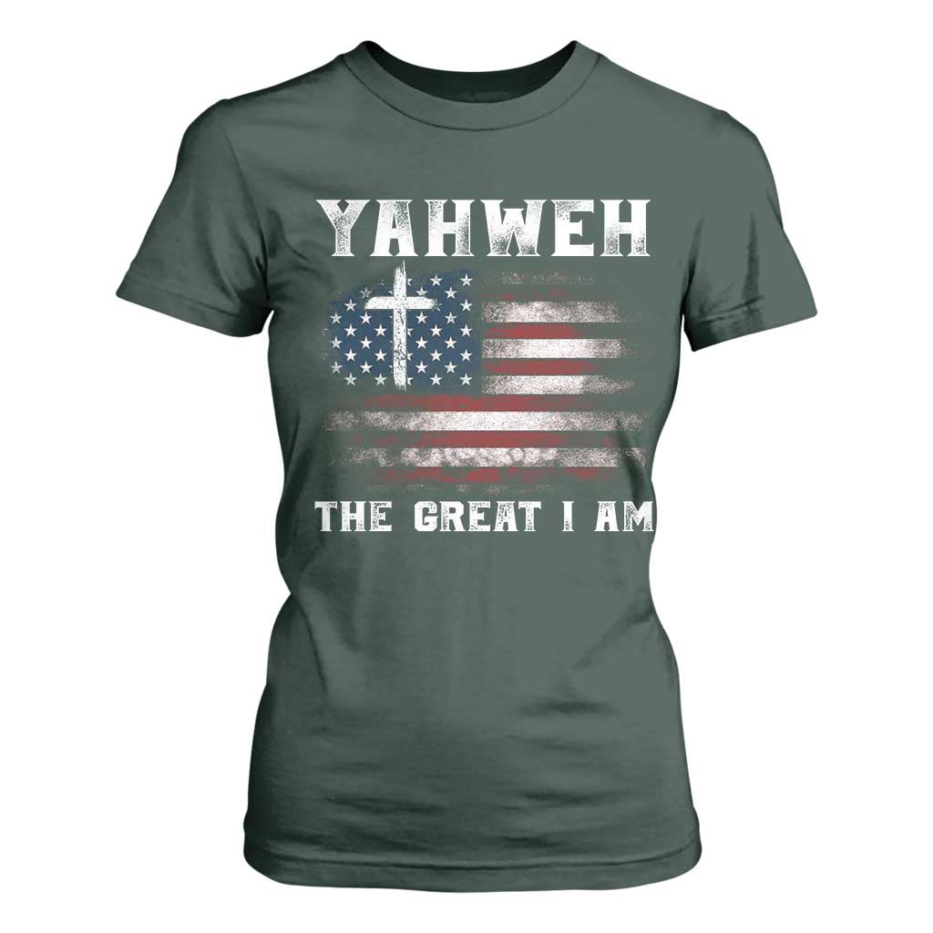 Yahweh The Great I Am Christian Faith T Shirt For Women Vintage American Flag TS11 Dark Forest Green Print Your Wear