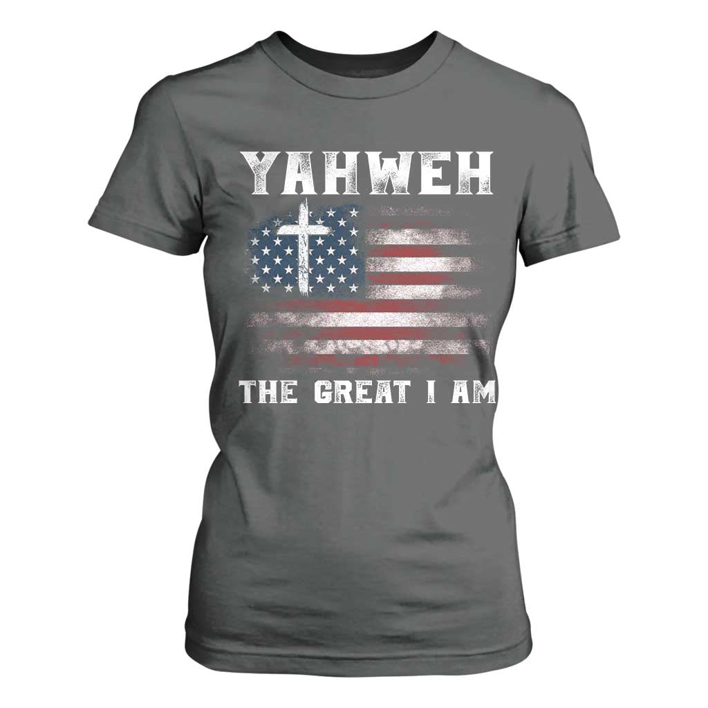 Yahweh The Great I Am Christian Faith T Shirt For Women Vintage American Flag TS11 Dark Heather Print Your Wear