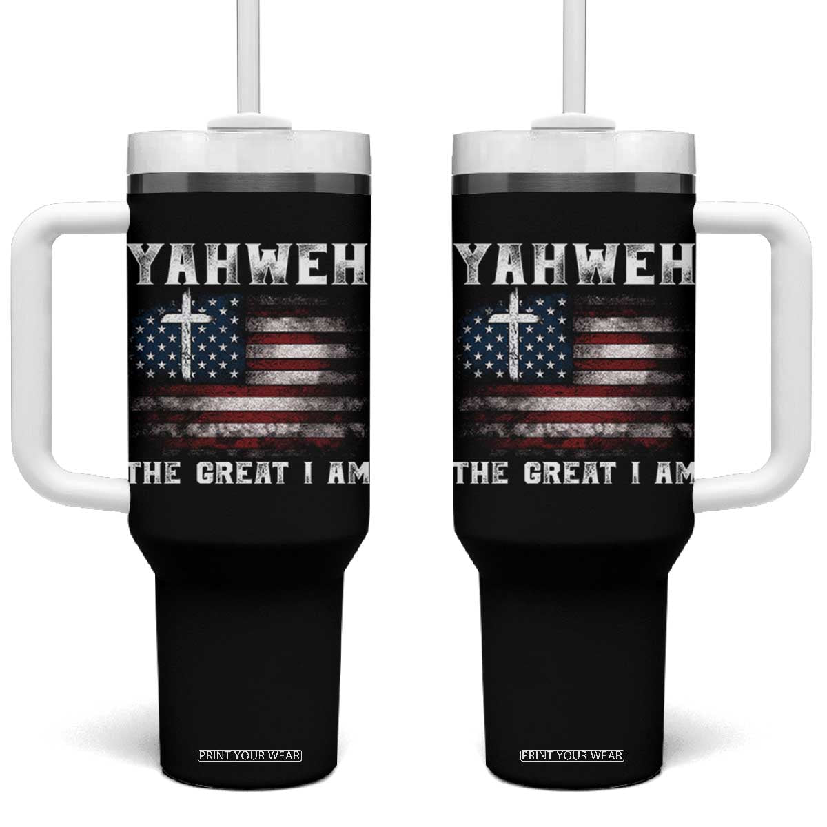 Yahweh The Great I Am Christian Faith Tumbler With Handle Vintage American Flag TS11 One Size: 40 oz Black Print Your Wear