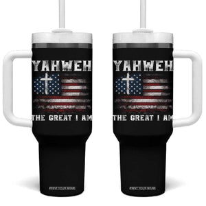 Yahweh The Great I Am Christian Faith Tumbler With Handle Vintage American Flag TS11 One Size: 40 oz Black Print Your Wear