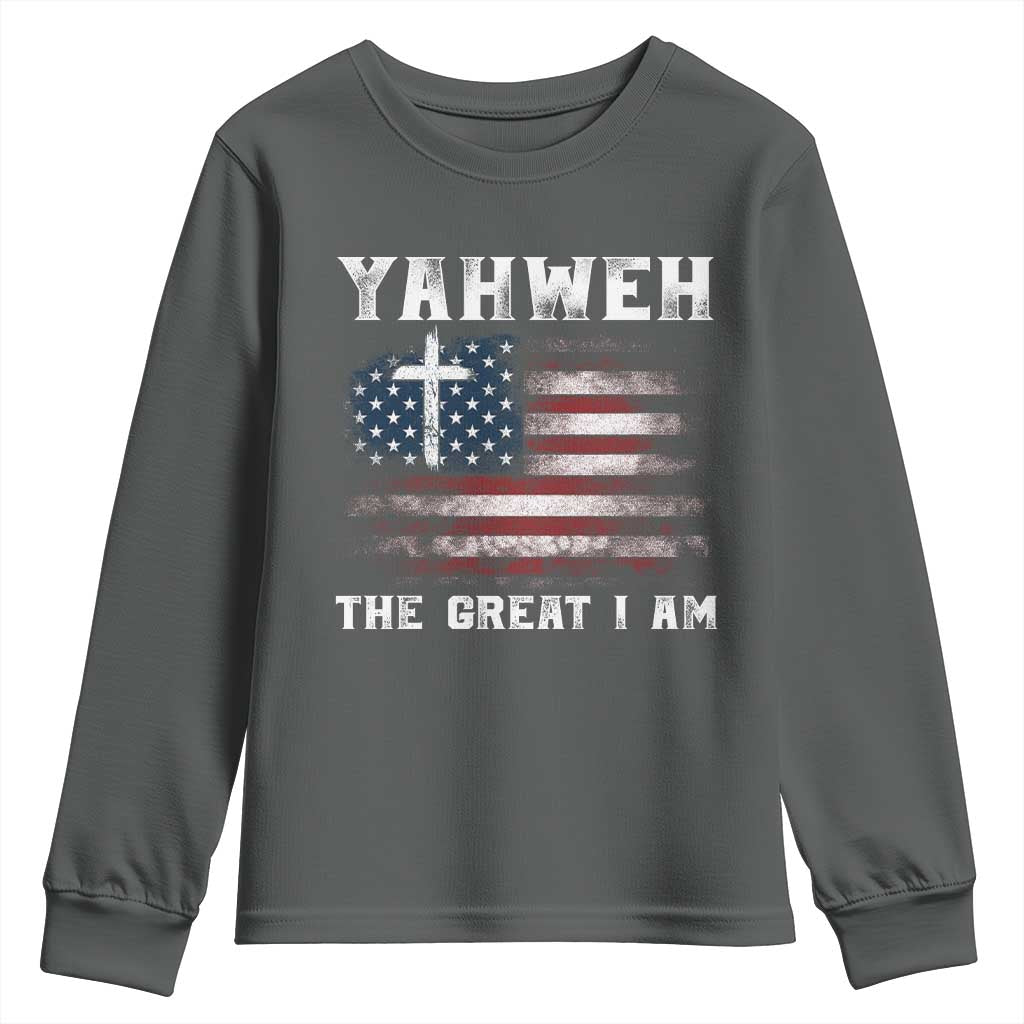 Yahweh The Great I Am Christian Faith Youth Sweatshirt Vintage American Flag TS11 Dark Heather Print Your Wear