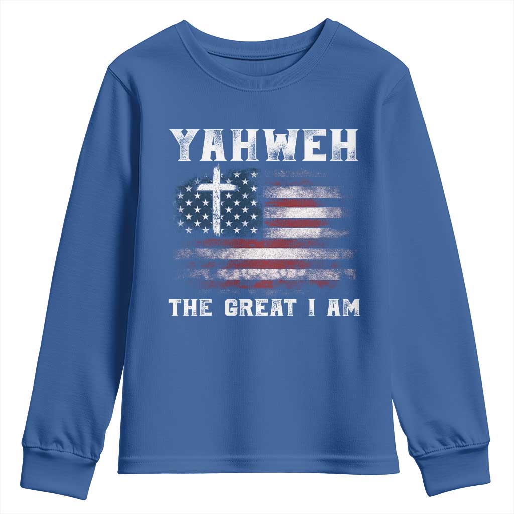 Yahweh The Great I Am Christian Faith Youth Sweatshirt Vintage American Flag TS11 Royal Blue Print Your Wear