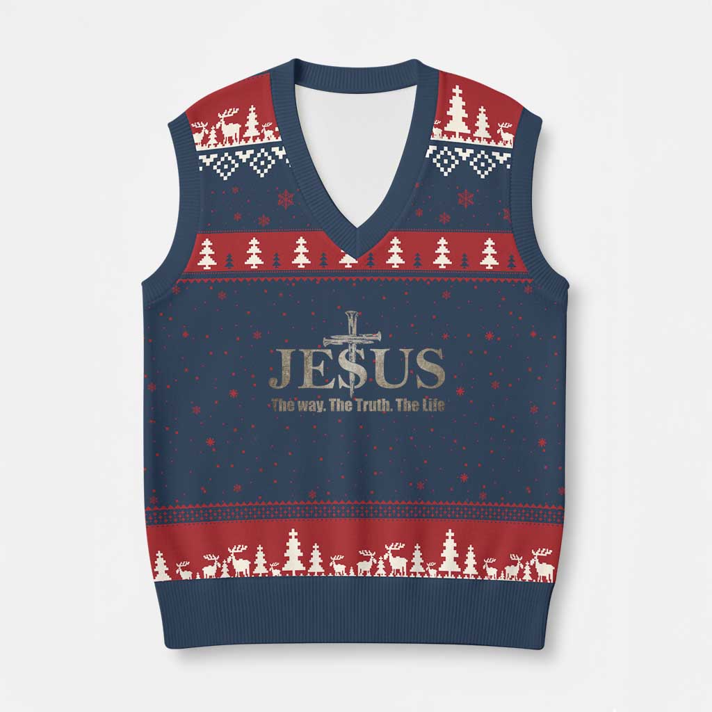 Jesus The Way The Truth The Life V-Neck Knit Sweater Vest Christian Cross Nails TS11 Navy Red Print Your Wear