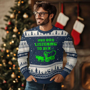 Funny You Died Listening To RFK Jr Ugly Christmas Sweater Oregon Trail Cow Wagon TS11 Navy Beige Print Your Wear