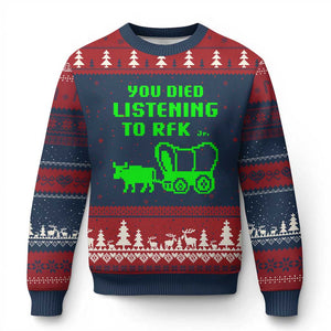 Funny You Died Listening To RFK Jr Ugly Christmas Sweater Oregon Trail Cow Wagon TS11 Navy Red Print Your Wear