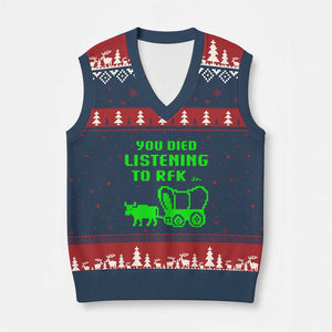 Funny You Died Listening To RFK Jr V-Neck Knit Sweater Vest Oregon Trail Cow Wagon TS11 Navy Red Print Your Wear