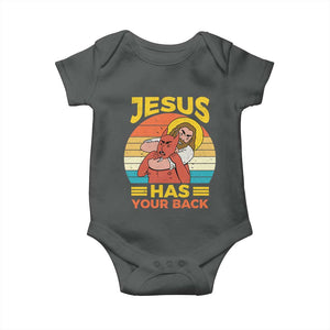 Funny Jesus Has Your Back Baby Onesie Jiu Jitsu Retro Christian TS11 Dark Heather Print Your Wear