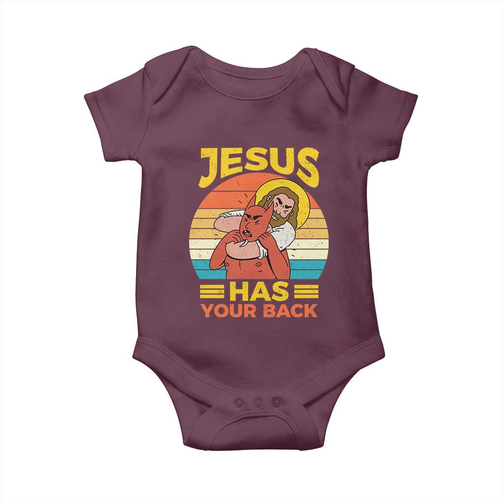Funny Jesus Has Your Back Baby Onesie Jiu Jitsu Retro Christian TS11 Maroon Print Your Wear