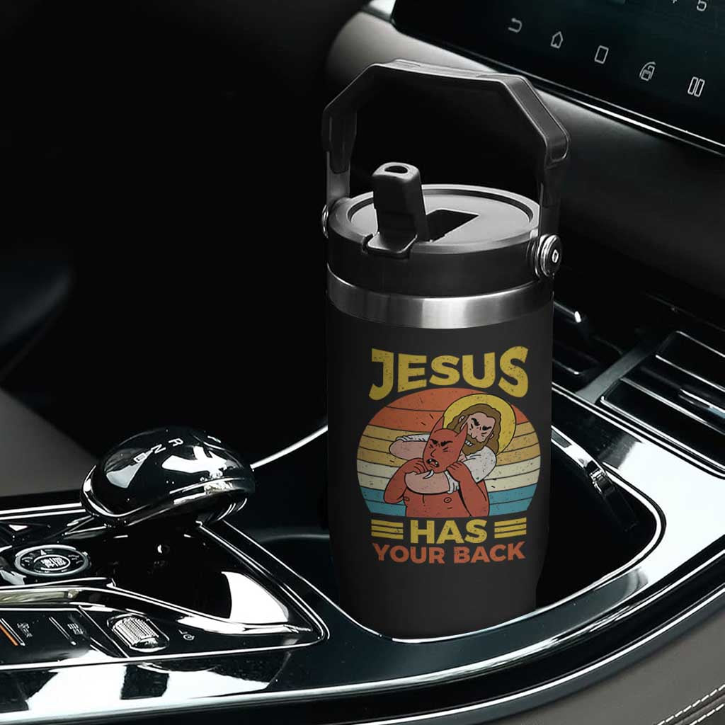 Funny Jesus Has Your Back Flip Straw Tumbler Jiu Jitsu Retro Christian TS11 Print Your Wear