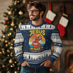 Funny Jesus Has Your Back Ugly Christmas Sweater Jiu Jitsu Retro Christian TS11 Navy Beige Print Your Wear